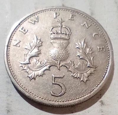 Five New Pence 1969 GB UK Coin British Penny Decimal Elizabeth Lion 5 P - Image 1 of 2