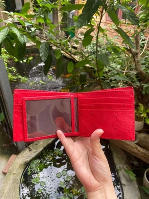 Black Red Ostrich Bifold Wallet Handmade Real Leather Card Holder Men's Wallet - Image 1 of 4
