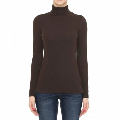 Camisa básica de manga larga de algodón de punto acanalado elástico suave cuello alto para mujer Foto 1 de 4