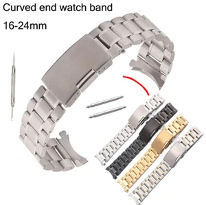 Curved Ends 18 20 24 22mm Solid Stainless Steel Watch Band Strap w Secure Buckle - Picture 1 of 18