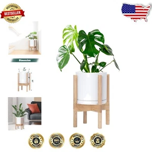 Stylish 8-Inch Round Ceramic Planter with Detachable Wood Stand - Versatile - Picture 1 of 8