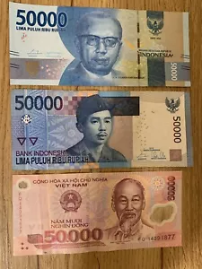 Indonesia 50000 X 2 Rupiah. Vietnam 50000 Vnd Banknote. 3 Cir Notes Total. H - Picture 1 of 6