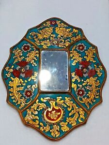 Glass Mirror Reverse Painted Wall Floral Birds Vintage Teal Gold Red Love Birds