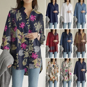 Womens Blouse Basic Long Sleeve Check Floral Baggy Down Tops Shirt Plus Size - Picture 1 of 22