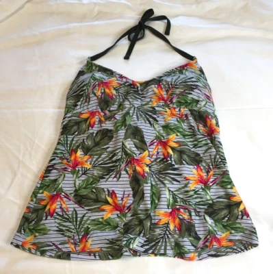 Top Tankini Mossimo Halter Verde y Naranja Floral Rayas Palma Mediano Foto 1 de 4
