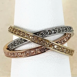 Fossil Crystal Pave 3 Band Ring Gold Silber Roséfarben Edelstahl Größe 8 - Bild 1 von 10