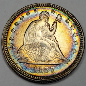 1857 25c Seated Liberty Quarter RAINBOW TONED Amazing Color Cleaned *J373 - Picture 1 of 3