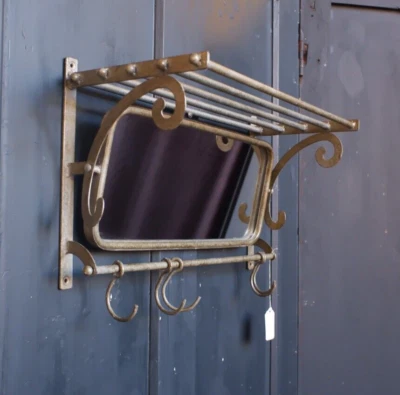 New Vintage Retro MIRROR Metal CARRIAGE Rustic Silver Industrial Shelf w/Hooks - Image 1 of 4