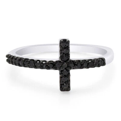 Cross Band Ring Black Real Diamond 14K White Gold Plated Sterlg 1/6 Ct For Women - Image 1 of 4