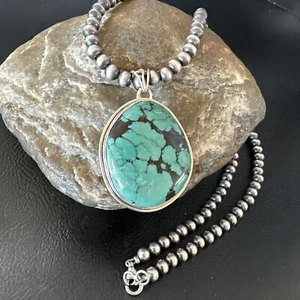 Men Women Navajo Sterling Silver Blue Spiderweb Turquoise Necklace Pendant 16272 - Picture 1 of 13