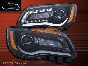 11-14 CHRYSLER 300 PROJECTOR HEADLIGHTS w LED & LED STRIPE BAR BLACK PAIR - Picture 1 of 2