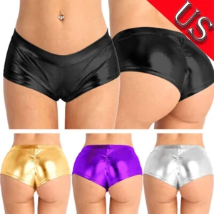 Womens Shiny Metallic Leather Low Rise Booty Shorts Hot Pants Dance Bottoms - Picture 1 of 56