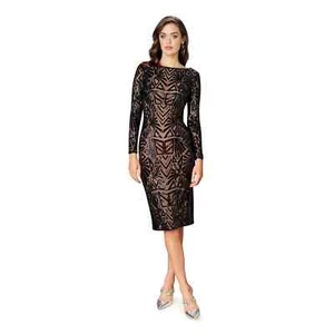 NEW Dress the Population Emery Long Sleeve Sequin Dress Black/Nude XL #D7262 - Picture 1 of 7