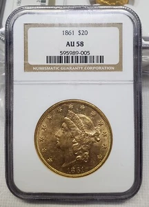 1861 $20 Gold NGC AU58 Double Eagle 1st Year of Civil War Gold Coin # PM0007 - Picture 1 of 4