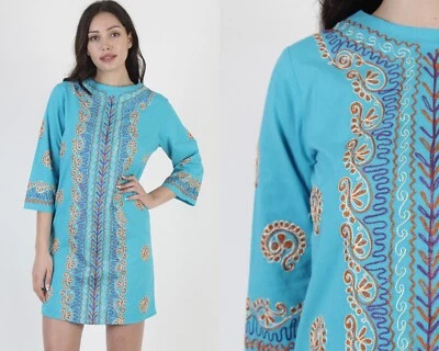 Vtg 70s Ethnic Dashiki Bell Sleeve Hand Embroidered Teal Caftan Shift Mini Dress - Image 1 of 4