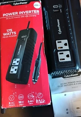 Cyber Power 175W POWER INVERTER 12V DC to 120V x2 AC OUTLETS 15W USB-C 2.4A (L) - Image 1 of 4