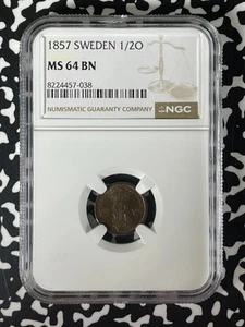 1857 Sweden 1/2 Ore NGC MS64BN Lot#G284 Choice UNC! - Picture 1 of 3
