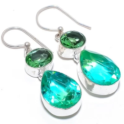 Mint Tourmaline, Peridot Gemstone 925 Sterling Silver Jewelry Earring 1.8" - Image 1 of 4