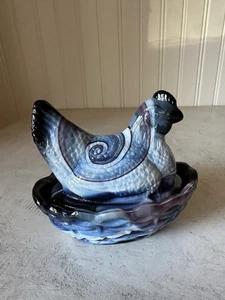 Purple Slag Glass Hen on Nest Amethyst & White Swirl 4” Vintage 70’s, Marked - Picture 1 of 12