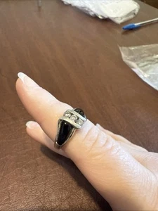 10K White Gold 6 1/2 Or 7 Size Ring With Diamonds And Black Gem, Unsure Type. - Picture 1 of 5
