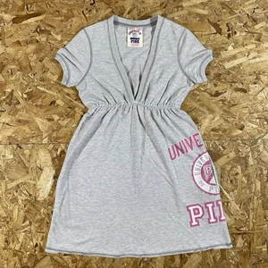 VTG Y2K VS PINK University Logo French Terry Grey Sweater Babydoll Dress SZ XS - Picture 1 of 3