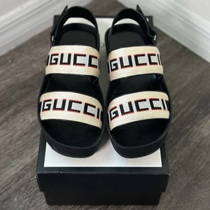 Size 8 - Gucci Black Web Stripe Strap Leather Sandals Authentic - Picture 1 of 11
