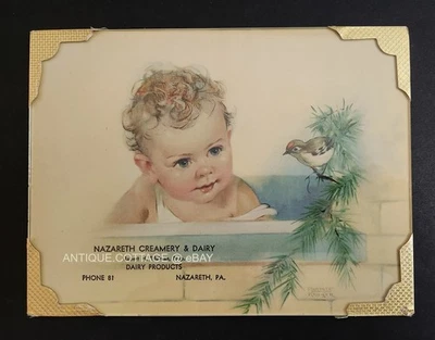 Antiguo marco de vidrio NAZARETH CREAMERY DAIRY pa AD art ROBERT EDELMAN 1940 Foto 1 de 2