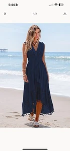 NWT Contrast Lace Tassel Midi Dress Navy Blue Beach Vacation Navy XL - Picture 1 of 2
