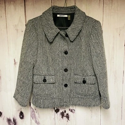 Blazer DKNYC Mujer Talla 8 Negro Gris Botón Frontal Mezcla Lana Foto 1 de 3
