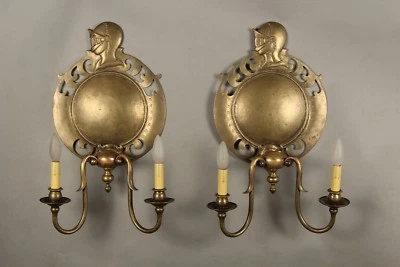 Tudor Game of Throne Spanish Revival1920 Pair Brass sconces With Knights (11485) - Image 1 of 4