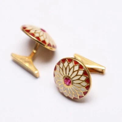 Gemelos de boda de plata de ley 92,5 esmalte rojo blanco piedra de ónix forma redonda Foto 1 de 4