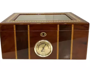 Cigar Humidor Lacquer Wood Glass Top Box w/Hygrometer Humidifier Cedar Divider - Picture 1 of 18