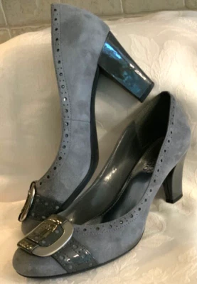 Franco Sarto Paver Pump Graphite Gray Suede & Patent Block Heel Round Toe sz 8M - Image 1 of 4