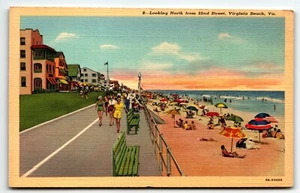 Postal de lino Virginia Beach mirando hacia el norte desde la calle 22 VA UNP - Imagen 1 de 2