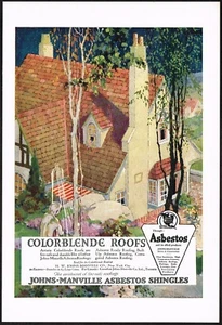 Anuncio impreso artístico de tejas de asbesto Johns Manville vintage original de la década de 1920 - Imagen 1 de 1