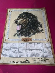 Torchon calendrier 1991 Pub Pétroles du Gâtinais Chien 61 cm x 47 cm - Picture 1 of 3