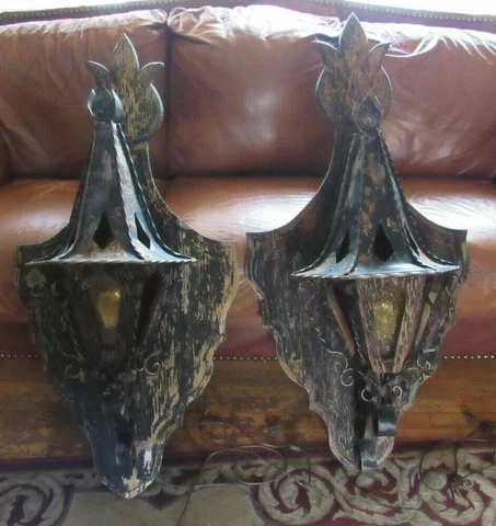 Vintage Pair Large Wall Lamps Lights Gothic Halloween Medieval Dungeon Sconces Cover