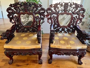 Pair of Vintage Chinese Mahagony Ming Dynasty Style Carved Dragon Marble Chairs - Picture 1 of 18