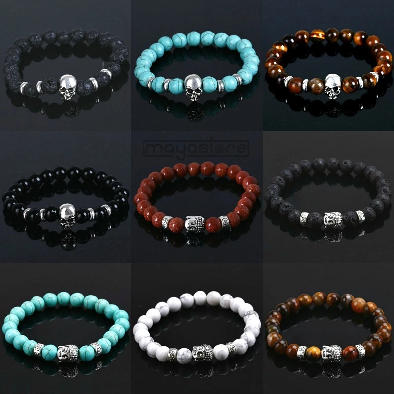 NATUR STEIN ARMBAND BUDDHA SKULL LAVA SCHWARZ ARMBÄNDER ARMKETTE BRACELET WEIß - Bild 1 von 1