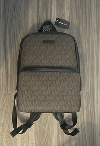 MICHAEL KORS EVERETT Front Pocket Brown MK Logo Black Leather Backpack NWT $348 - Picture 1 of 7