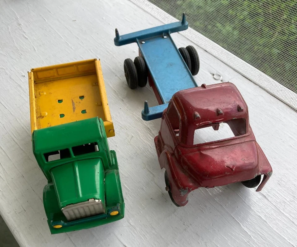 Lote De Colección 2 Camiones Structo de Plataforma Plana y Camión de Fricción de Acero Prensado Piezas Reparación Foto 1 de 1