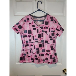 Women's sz M Pink Breast Cancer Ribbon Short Sleeved Scrub Shirt Top ScrubStar - Picture 1 of 8