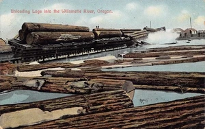 Entladen von Eisenbahnwaggons Logs in Willamette River Logging Oregon 1908 Postkarte - Bild 1 von 2