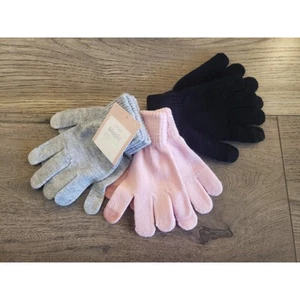 Girls Gloves Set of 3 Solid Pink Black Grey Metallic Threading Kids M/L Winter - Picture 1 of 8