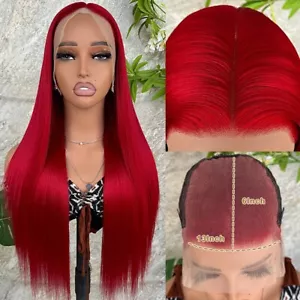 13X6 klebrige HD Spitze Frontperücken synthetisch lang gerade rote Haare vorgegerupft - Bild 1 von 8