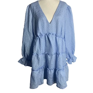 New Eloquii Crepe Tiered Mini Dress 20 Blue Lined Long Puff Sleeves V Neck - Picture 1 of 7