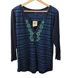 Lucky Brand Henley Top Damen Large dunkelblau gestreift bestickt Tunika Boho NEU - Bild 1 von 10