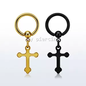 1pc. 14G PVD Plated Surgical Steel Captive Bead Ring w/ a Dangling Cross Earring - Picture 1 of 2