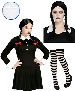 Ladies Halloween Wednesday Addams Family Gothic Manor Daughter Fancy Dress Up - Picture 1 of 8