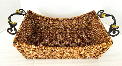 Vintage Wicker ? Rattan Serving Tray Bread Basket with Bronze Handles 17” x 10” - Image 1 of 4